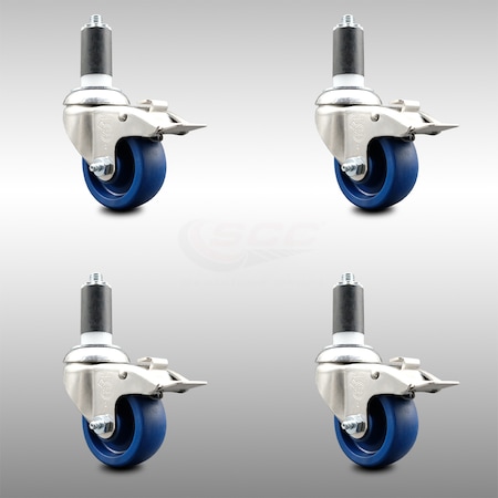 Service Caster 3 Inch 316SS Solid Poly Swivel 1-1/4 Inch Expanding Stem Caster Set Lock Brake SCC-SS316TTLEX20S314-SPUS-114-4